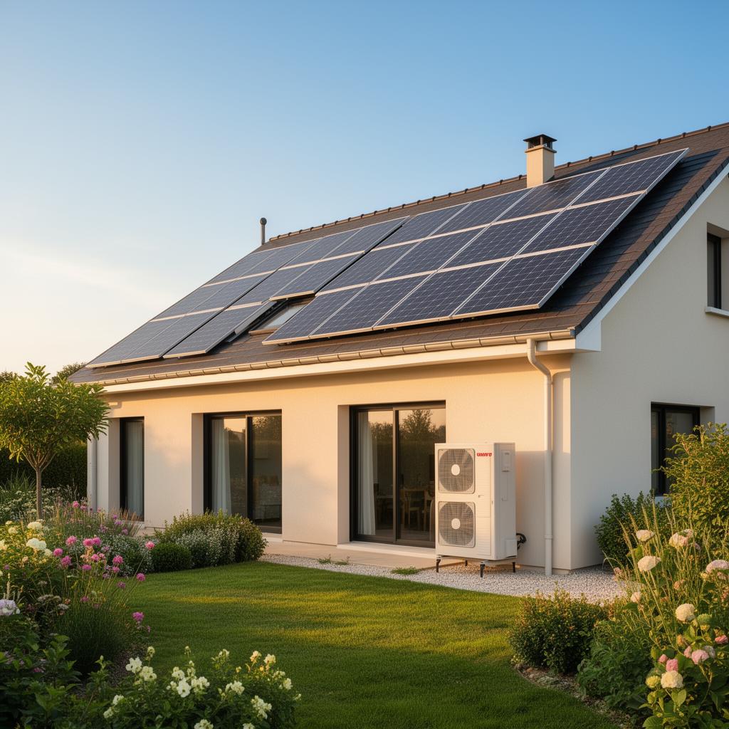 Maison équipée de panneaux solaires et pompe à chaleur